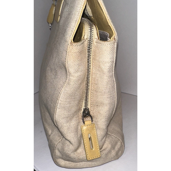 Prada Hand Bag Beige Yellow Canvas Leather Tote Authentic Vintage - Picture 5 of 15